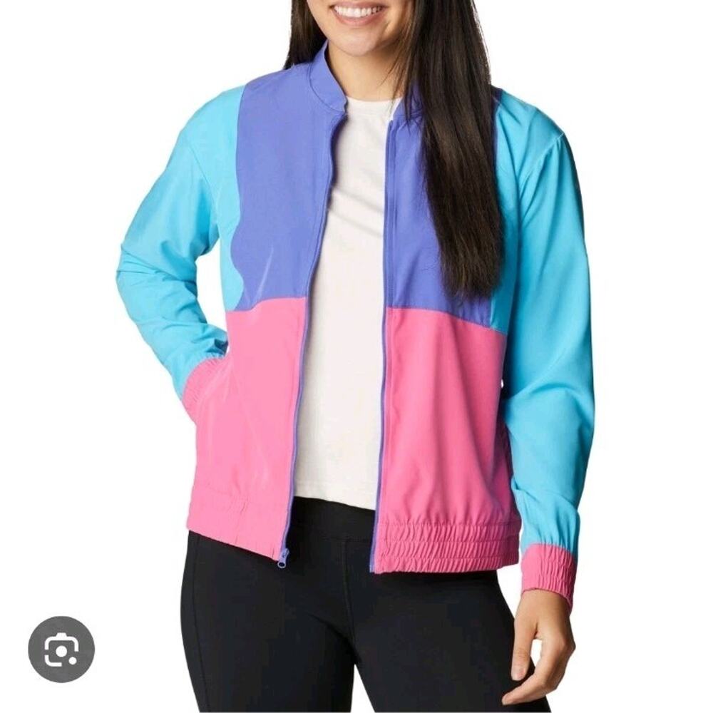 Columbia Blue Pink Colorblock Windbreaker Omni-Wick Full Zip Jacket Size Small
